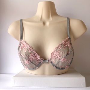 Ralph Lauren Vintage Bra Embroidered Underwire 34B Vtg Lingerie Dainty Grey Pink